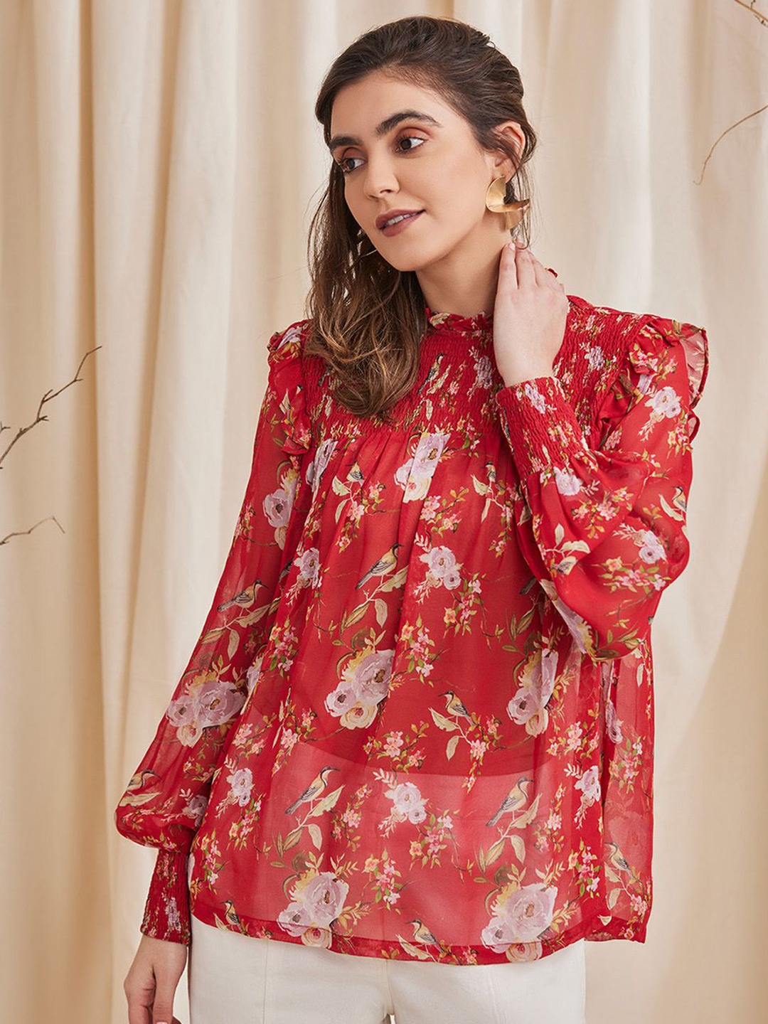 

B77 Floral Print Tie-Up Neck Georgette Top, Red
