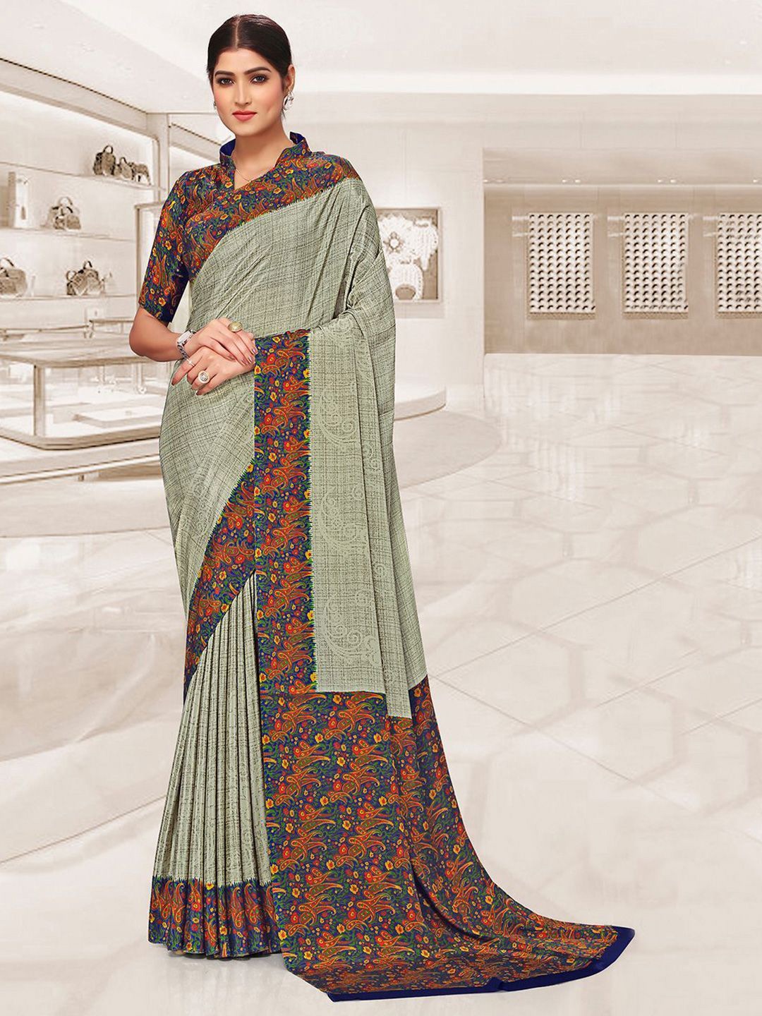 

DIVASTRI Ethnic Motifs Pure Crepe Saree, Khaki