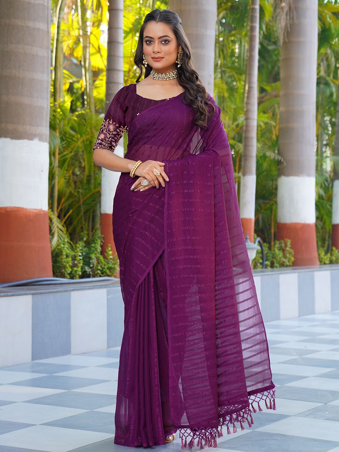 

NIRMAL CREATION Striped Pure Chiffon Saree, Purple