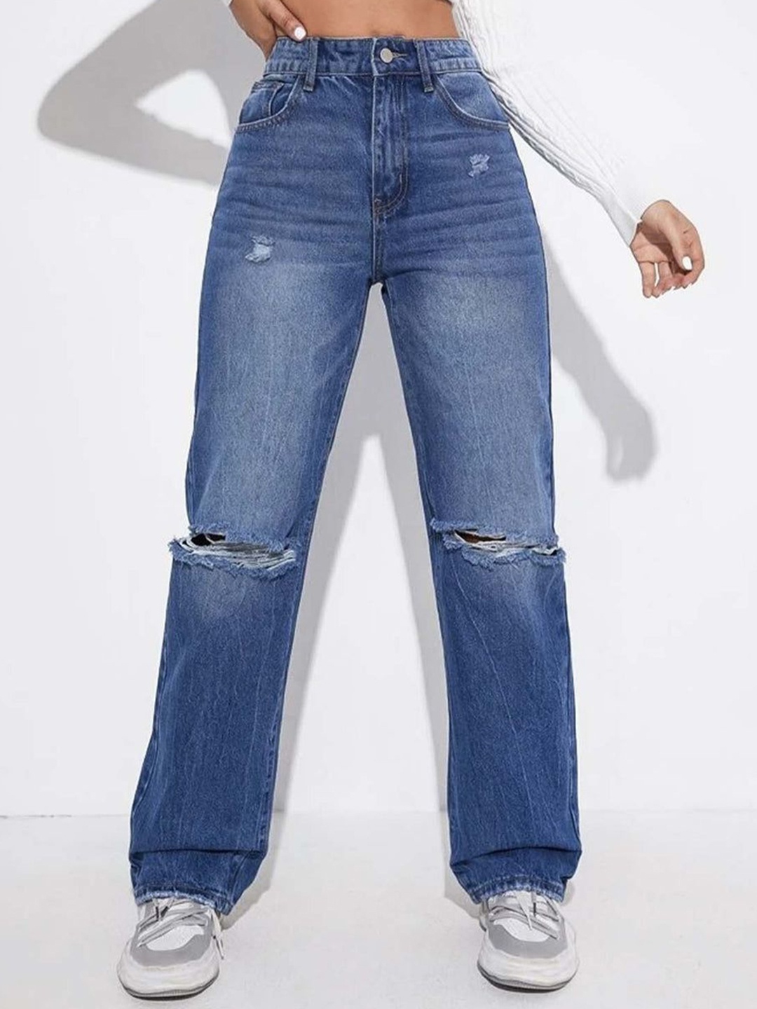 

Zizvo Women Mid Rise Cotton Ripped Jeans, Blue