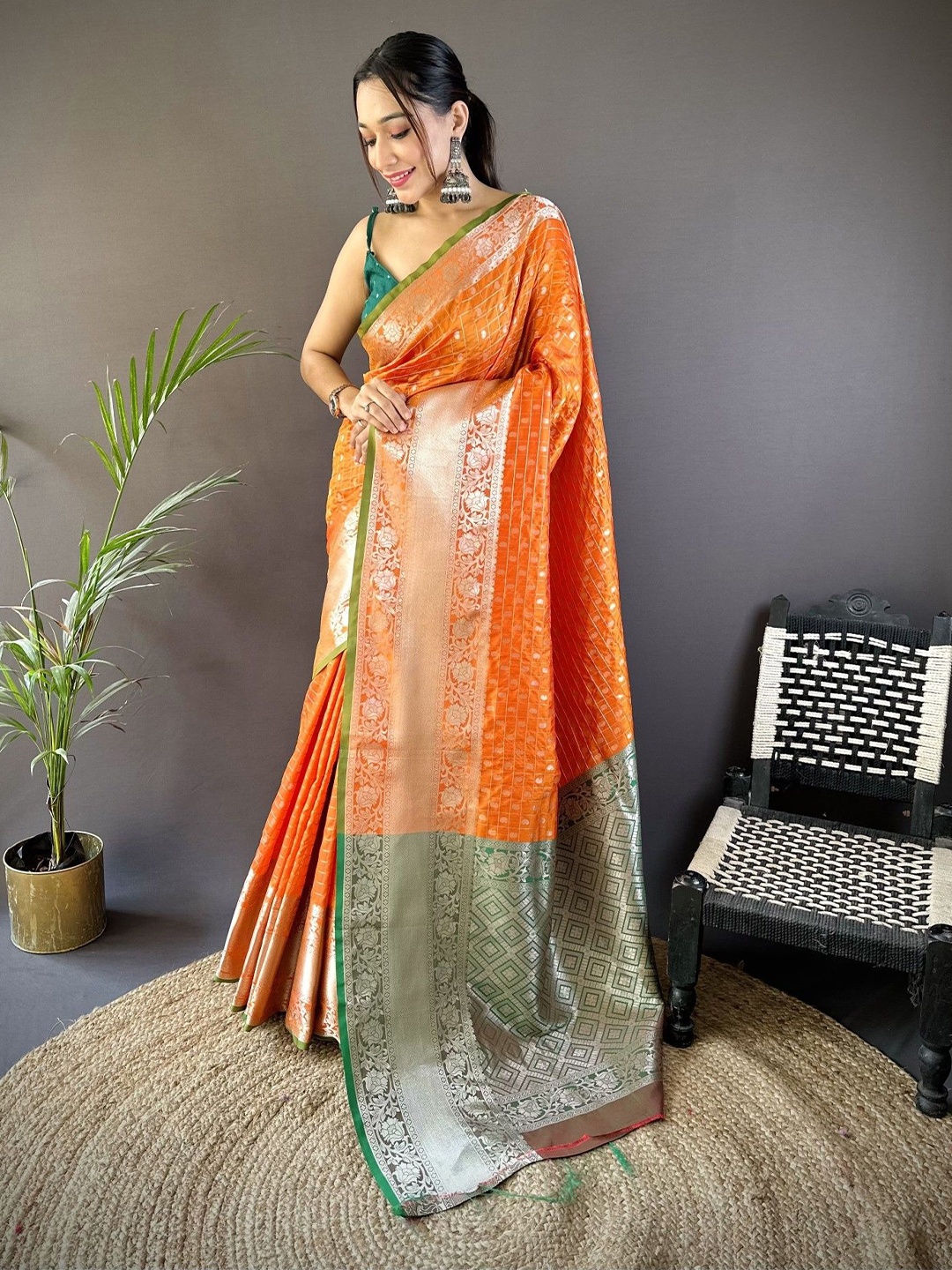 

Panzora Woven Design Zari Silk Blend Saree, Orange