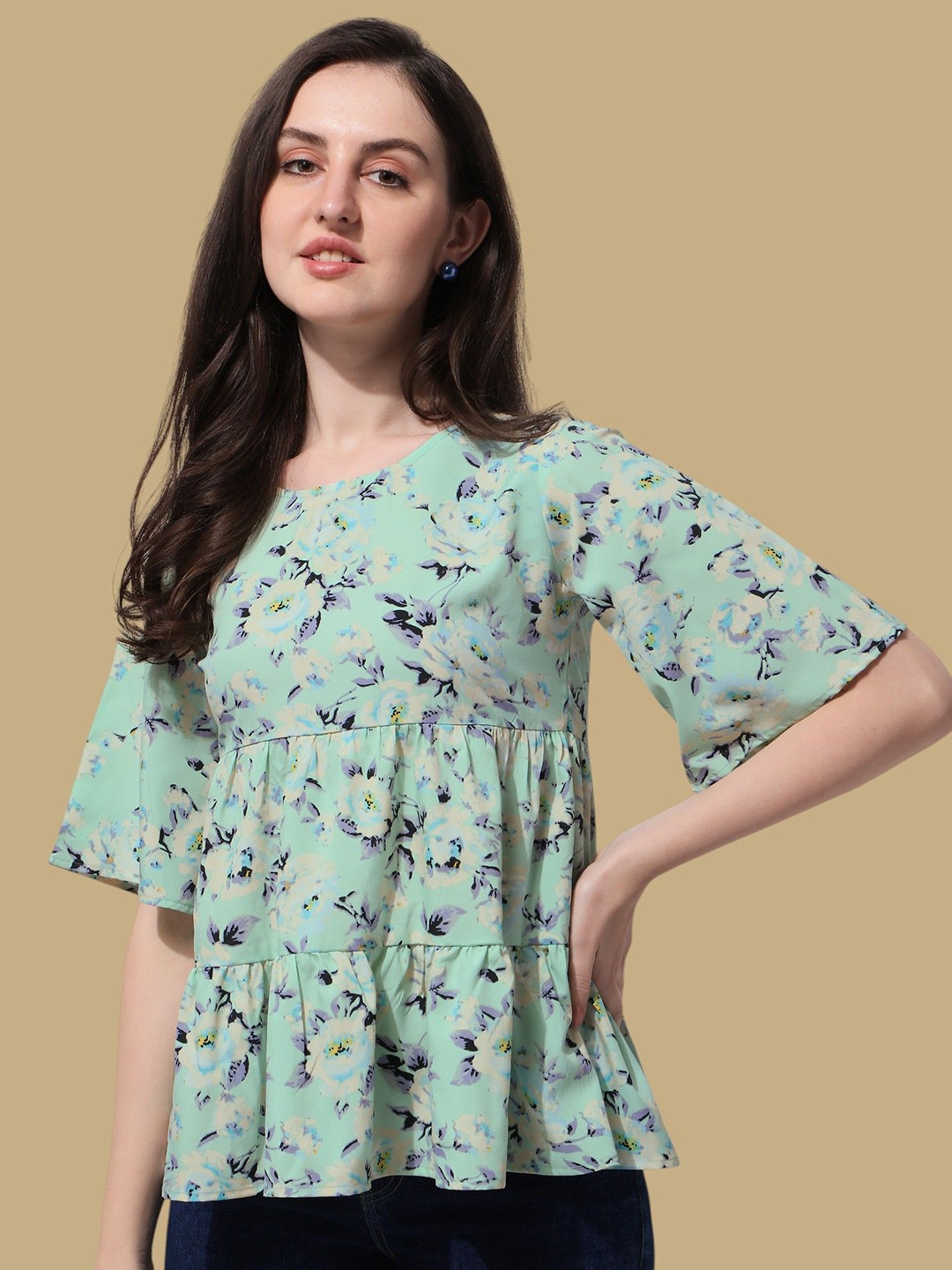 

Chemistry Floral Print Crepe Peplum Top, Green