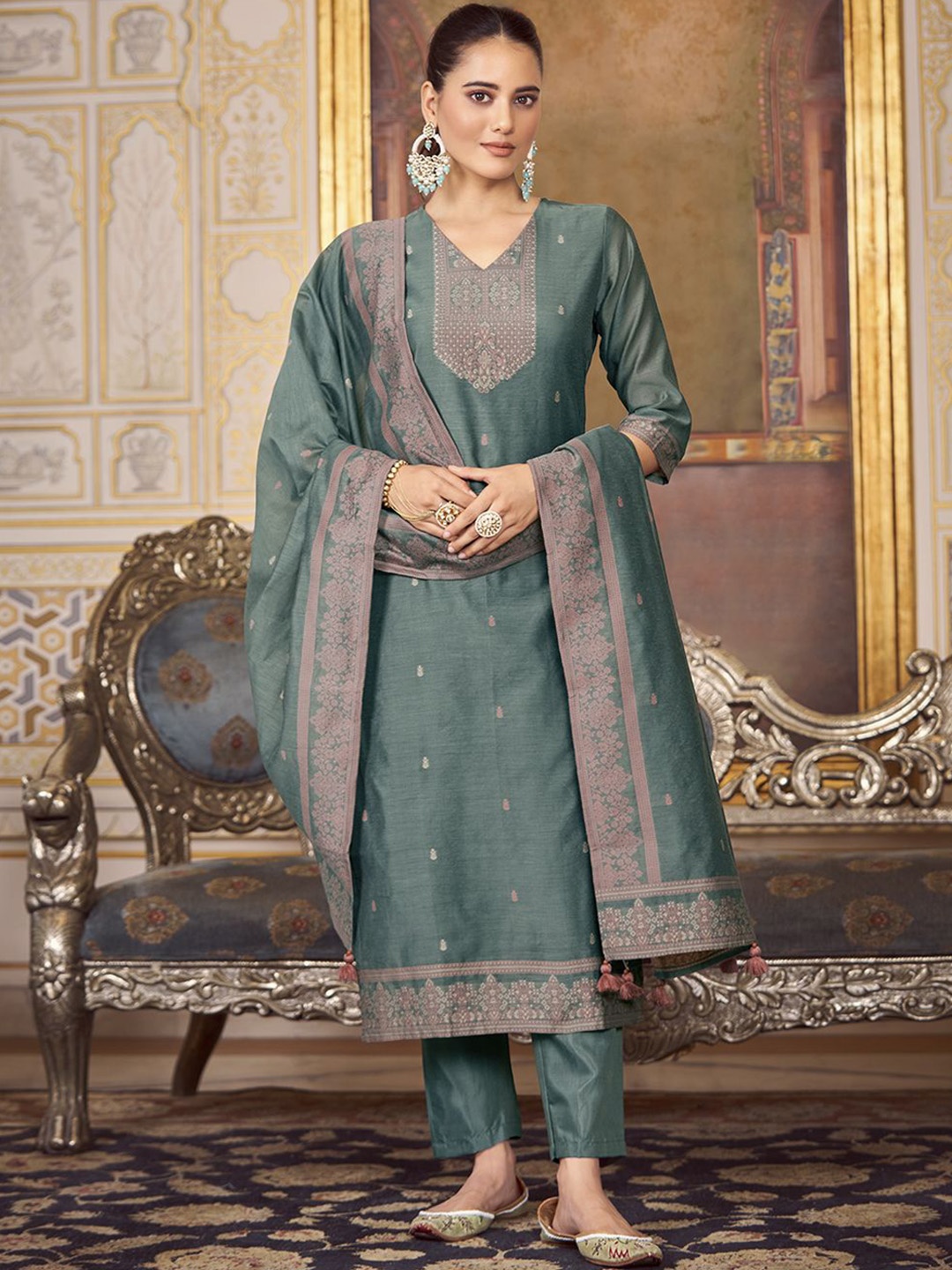 

Fourleaf Women Regular Kurta with Trousers & With Dupatta, Teal