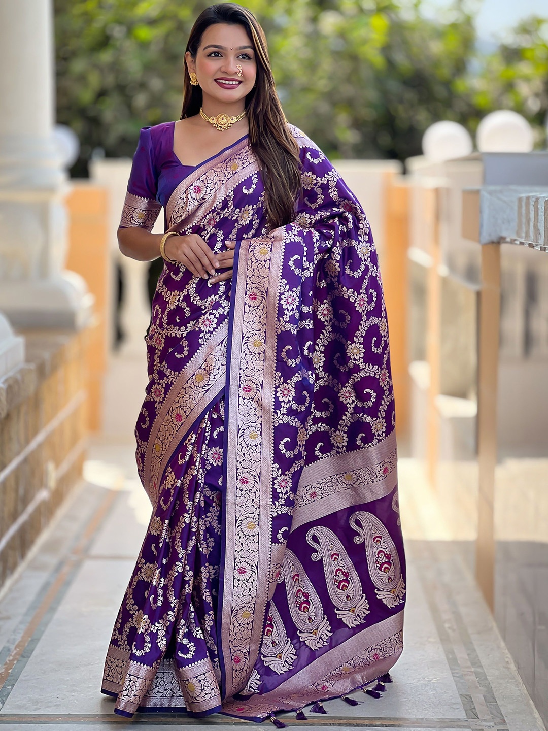 

Divyadham Textiles Woven Design Zari Pure Silk Banarasi Saree, Purple