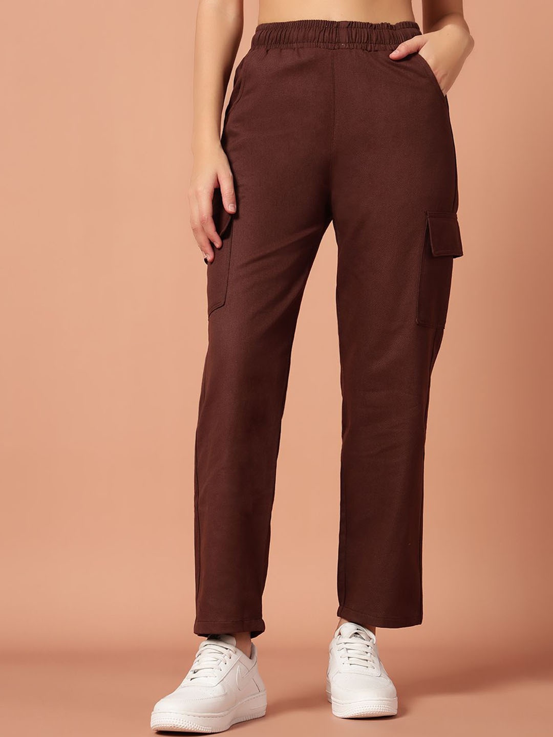 

Mast & Harbour Women Loose Fit High-Rise Easy Wash Cargos Trousers, Coffee brown