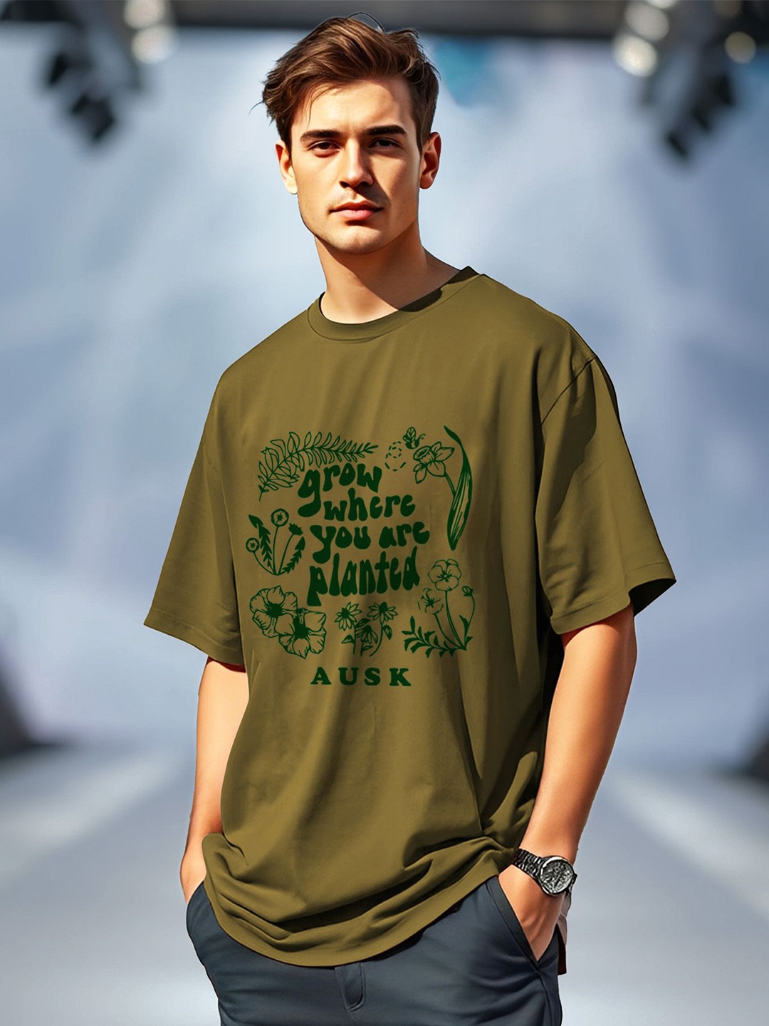 

AUSK Men Typography Printed Pockets T-shirt, Green