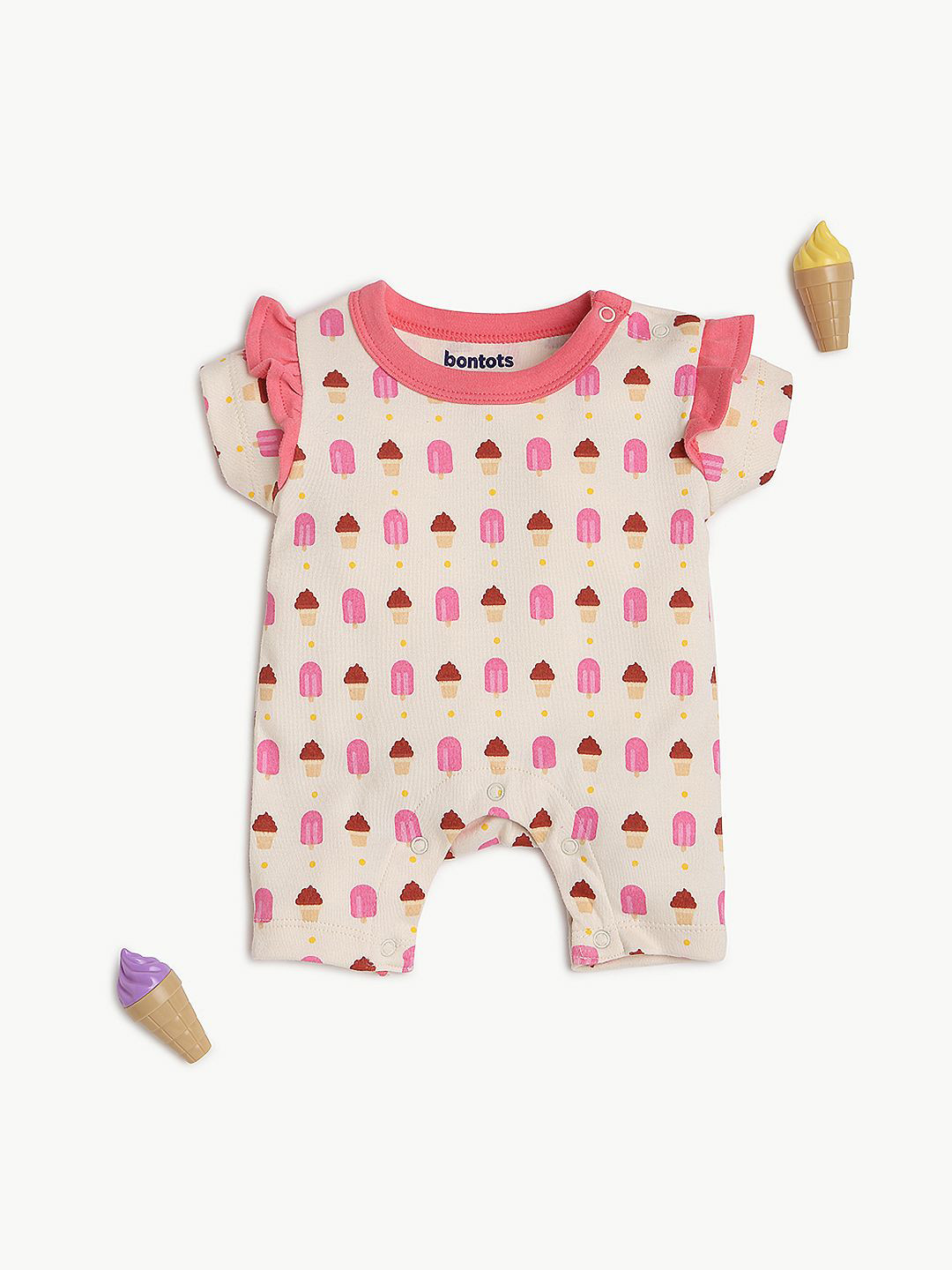 

BONTOTS Infant Girls Printed Pure Cotton Romper, Beige