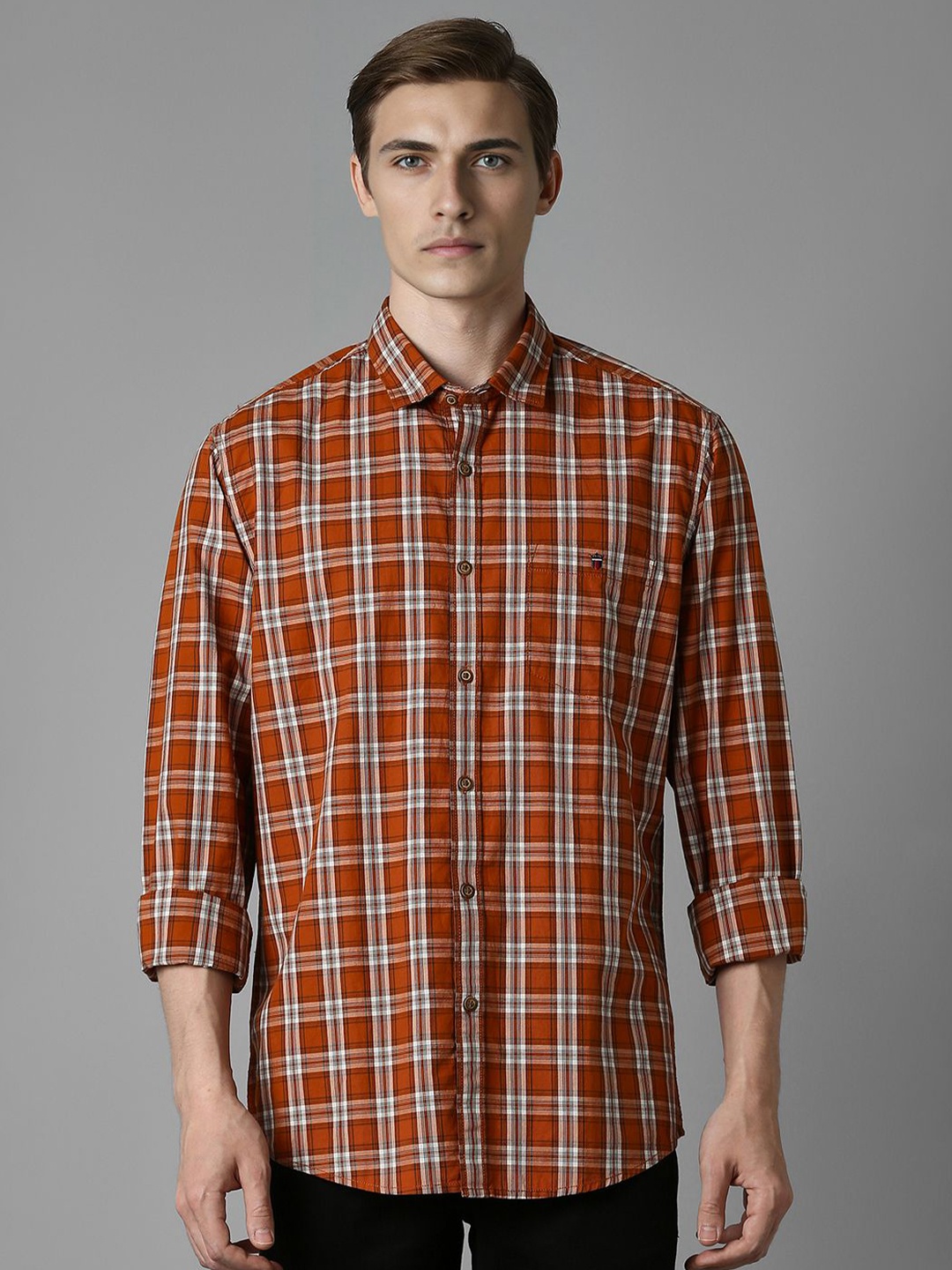 

Louis Philippe Jeans Men Slim Fit Tartan Checks Opaque Checked Casual Shirt, Orange