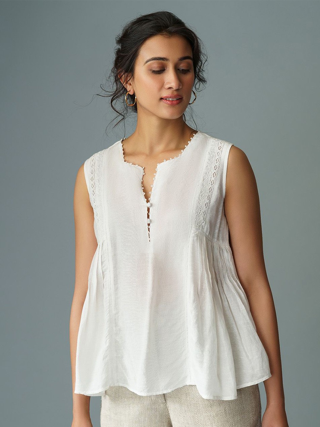 

B77 Mandarin Collar Linen Top, White