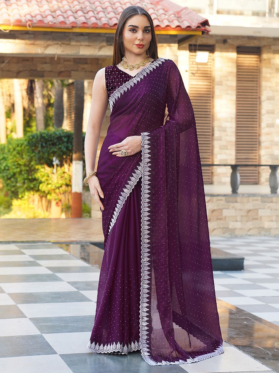 

A.V.M. SILK MILLS Embellished Beads and Stones Pure Chiffon Saree, Purple