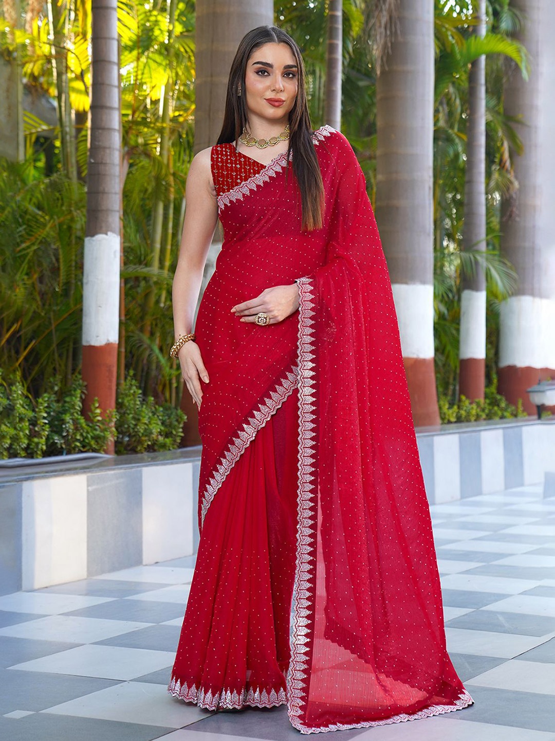 

A.V.M. SILK MILLS Embellished Beads and Stones Pure Chiffon Saree, Red
