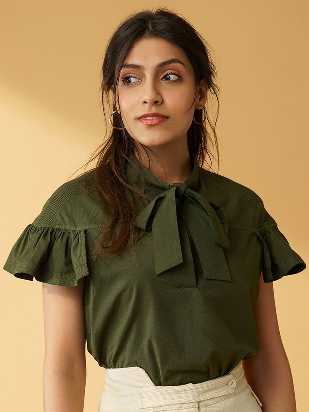 

B77 Tie-Up Neck Flutter Sleeve Organic Cotton Top, Olive