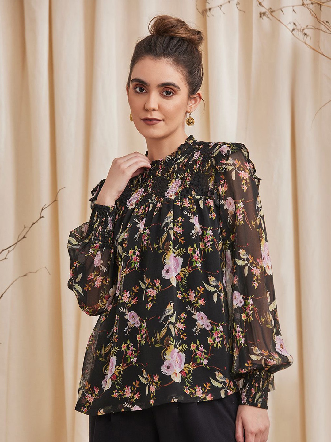 

B77 Floral Print Tie-Up Neck Puff Sleeve Top, Black