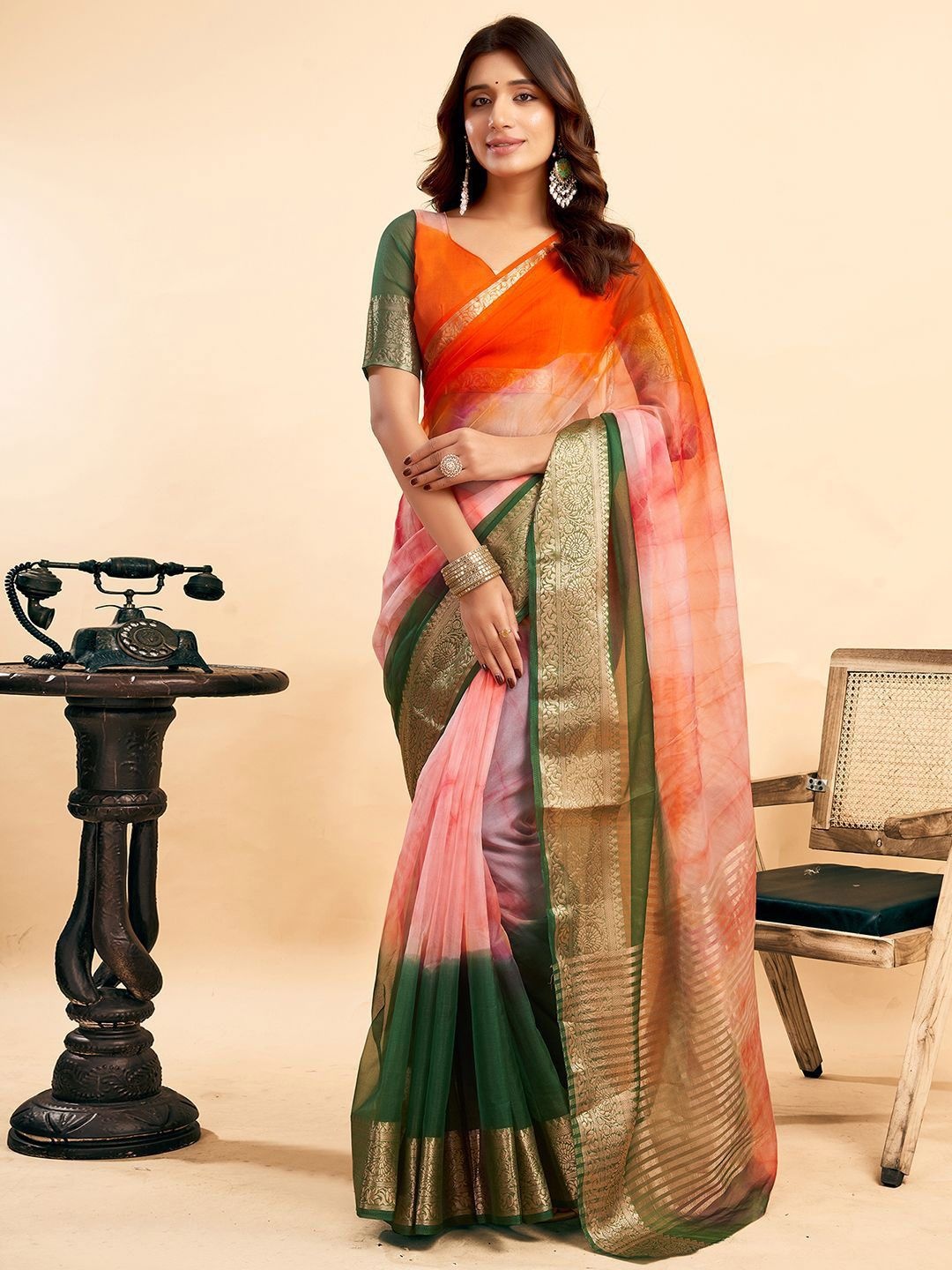 

DIVASTRI Ombre Zari Organza Saree, Orange