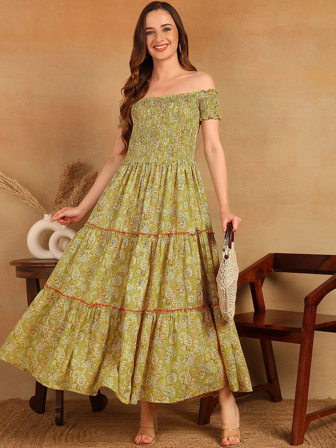 

KALINI Floral Off-Shoulder Fit & Flare Maxi Dress, Lime green
