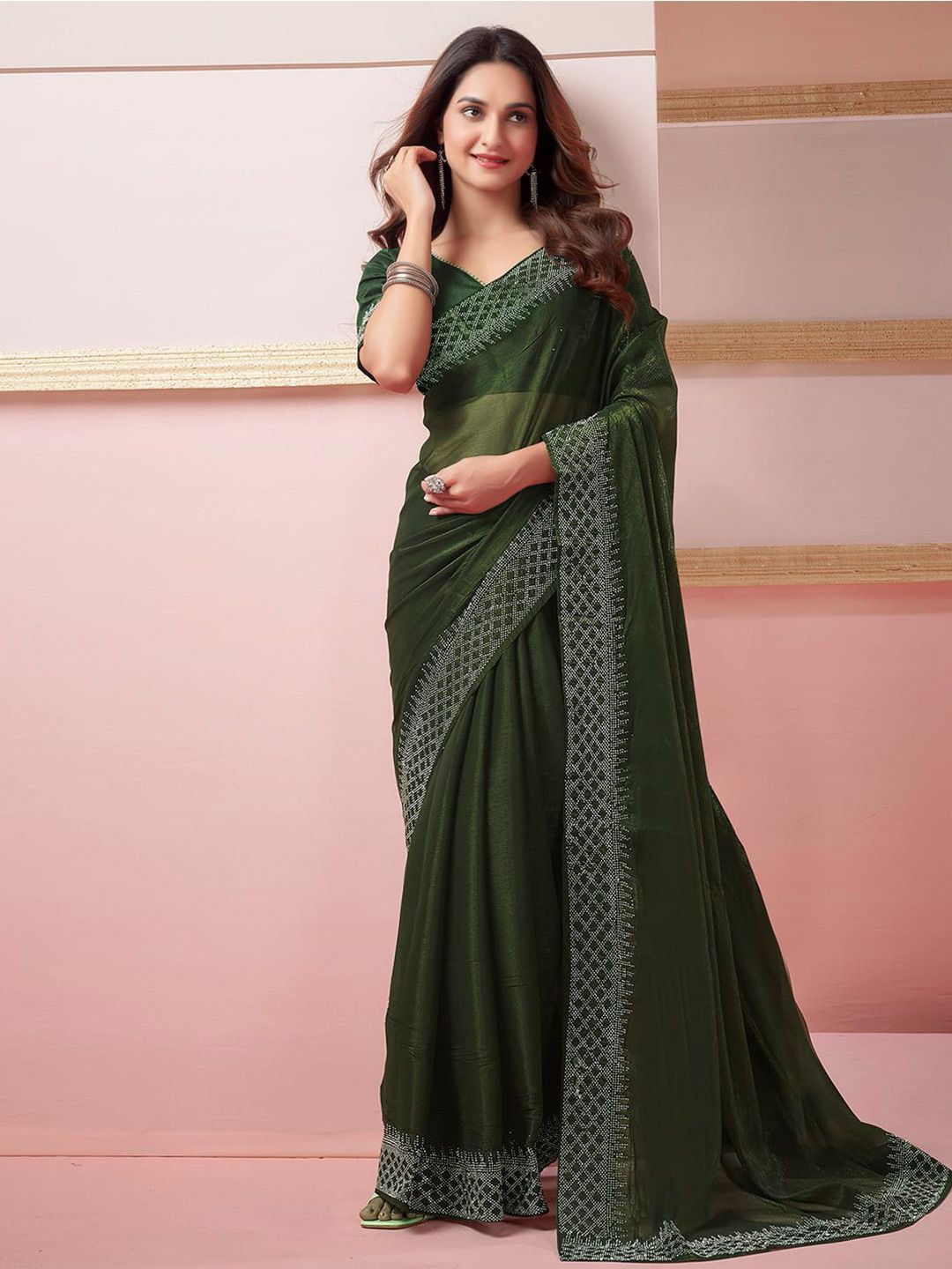 

DIVASTRI Beads and Stones Pure Chiffon Arani Saree, Green