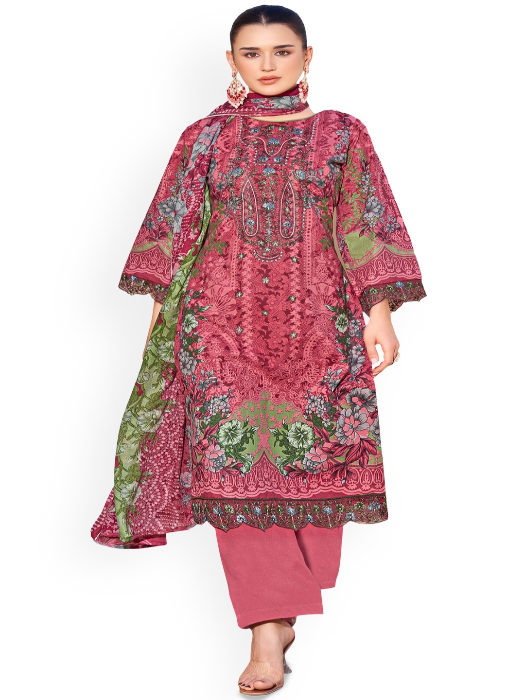 

DRAVINAM Trends Embroidered Pure Cotton Unstitched Dress Material, Peach
