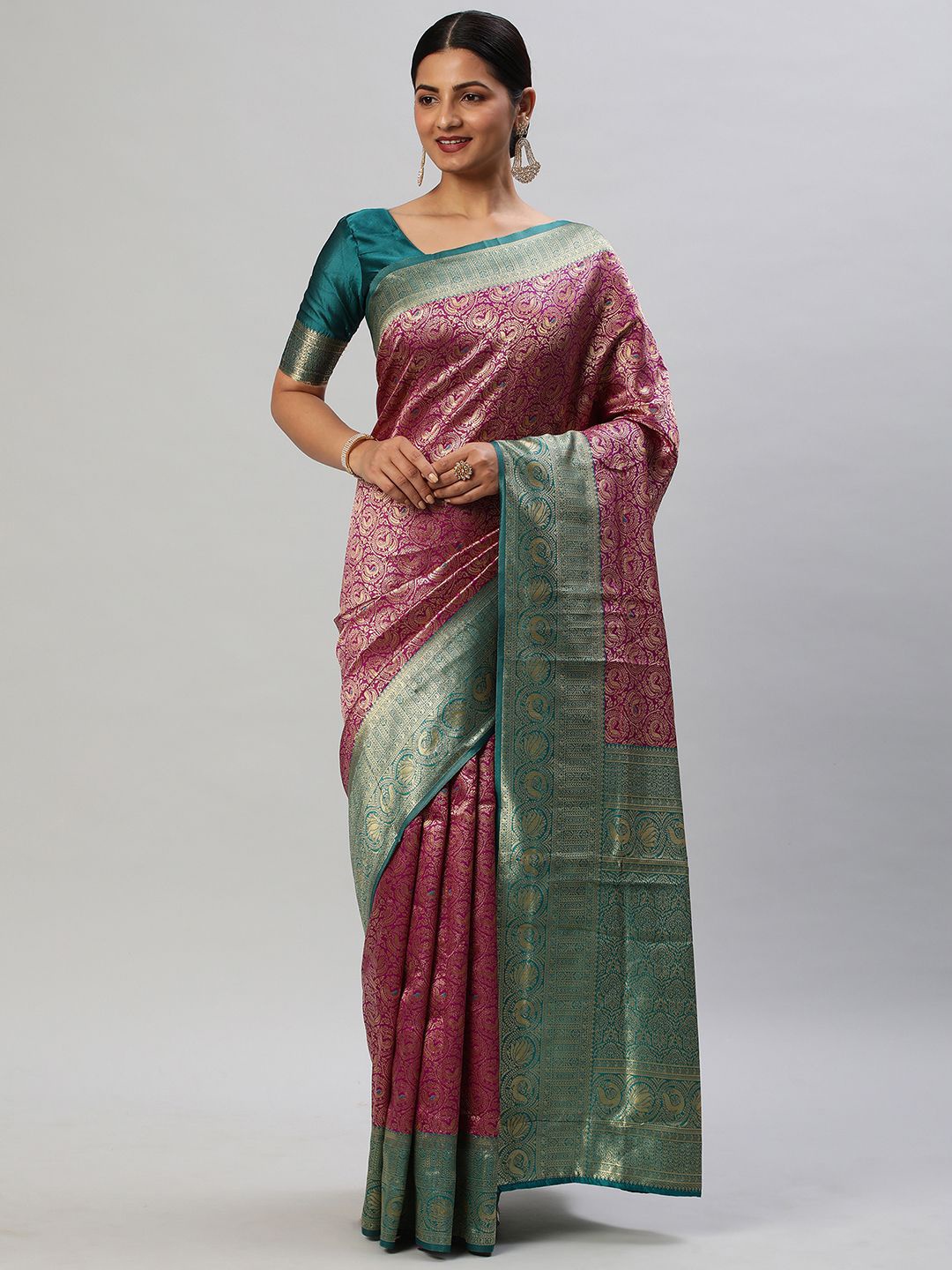 

KALINI Woven Design Zari Silk Blend Kanjeevaram Saree, Magenta