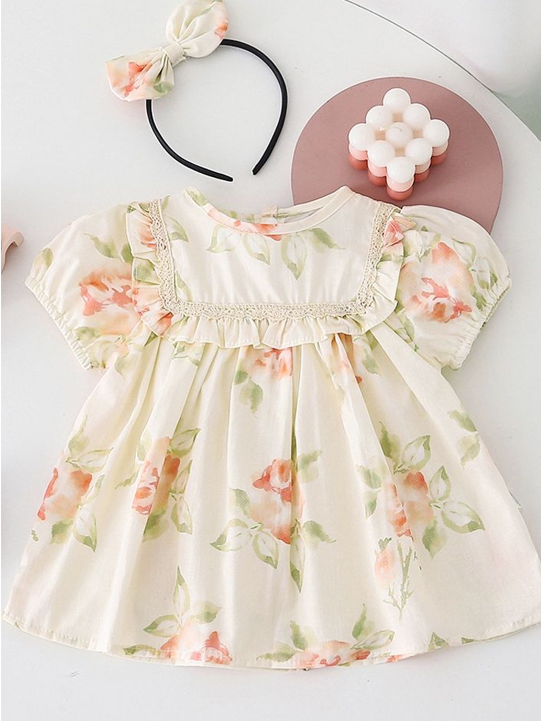 

LULU & SKY Floral Print Flutter Sleeve Fit & Flare Dress, Beige