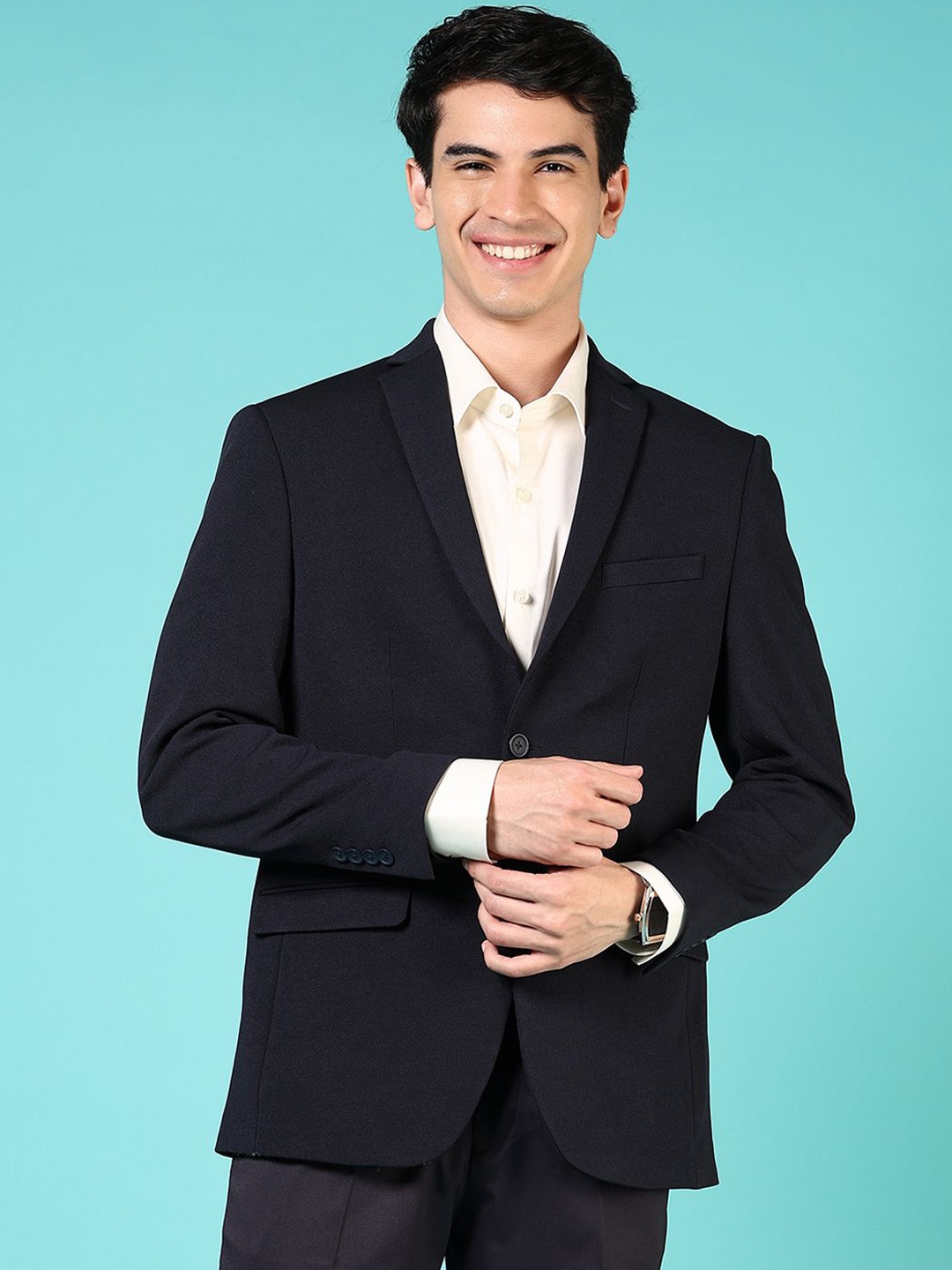 

V-Mart Cotton Notched Lapel Single Breasted Formal Blazer, Navy blue
