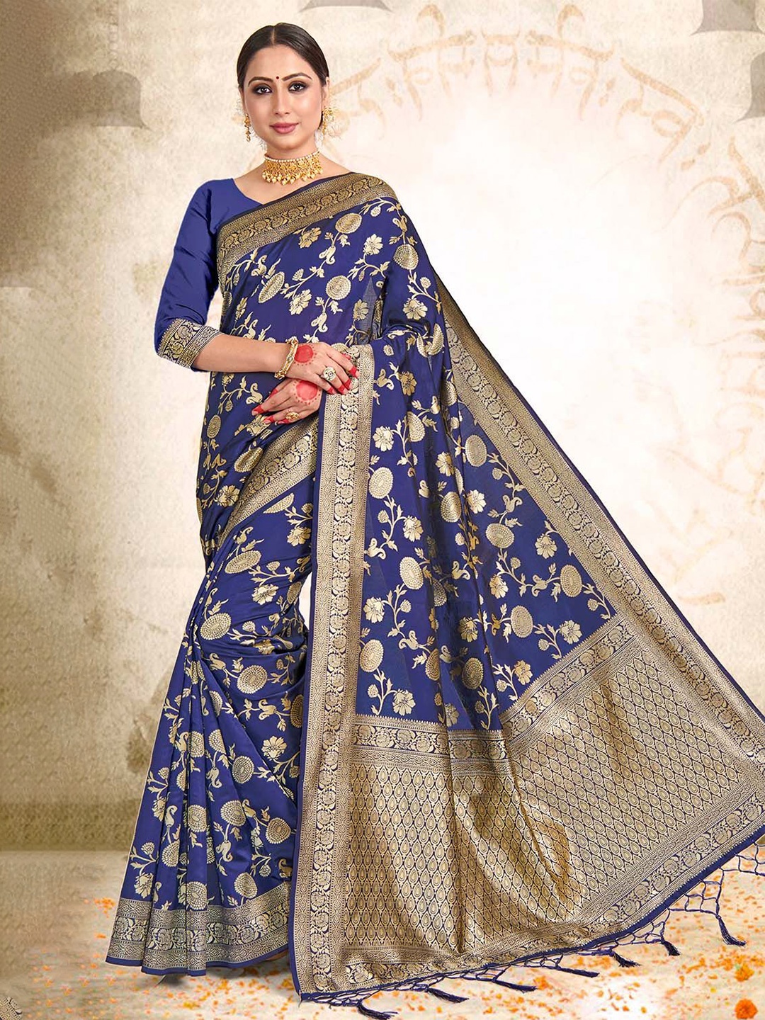 

DEVATITHI Ethnic Motifs Zari Silk Blend Banarasi Saree, Blue