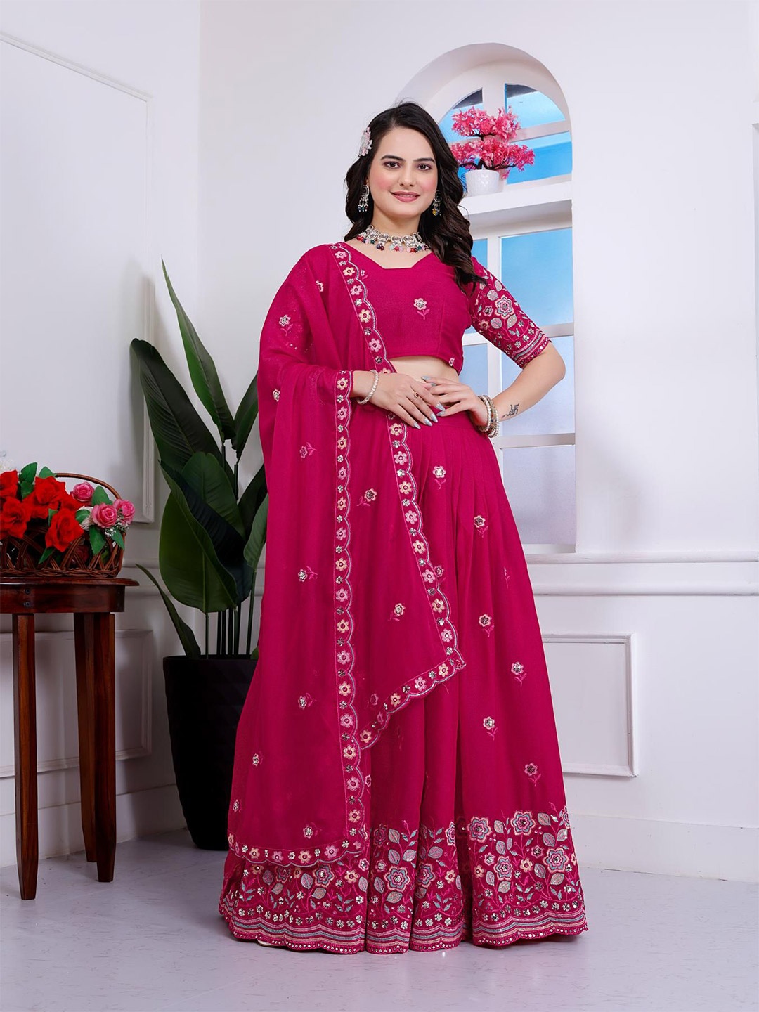

HERE&NOW Embroidered Sequinned Ready to Wear Lehenga & Unstitched Blouse With Dupatta, Pink