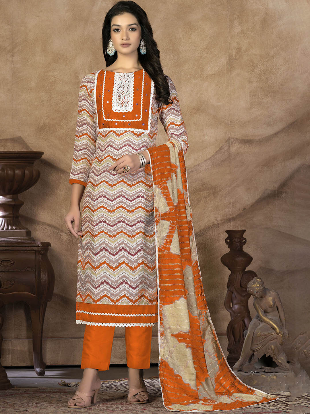 

SAINOOR Printed Pure Cotton Semi-Stitched Dress Material, Orange