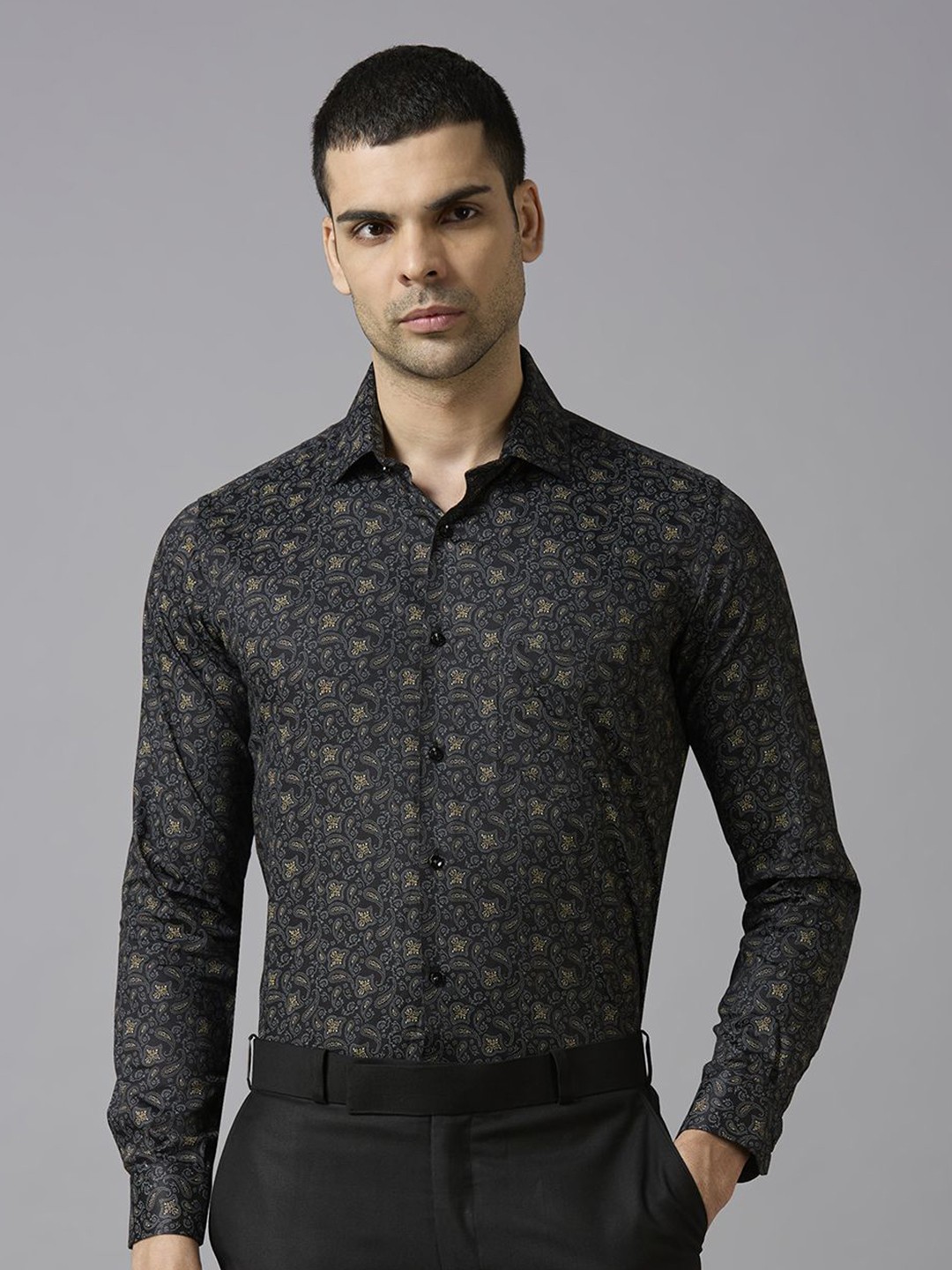 

John Philips Men Slim Fit Floral Opaque Printed Formal Shirt, Black