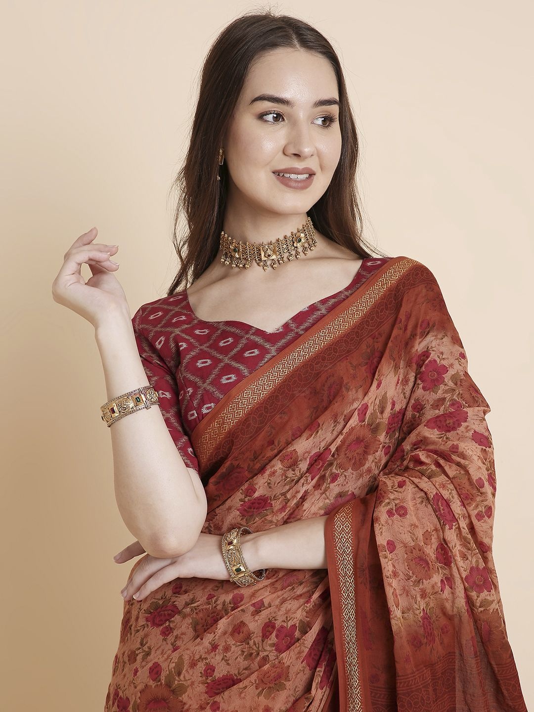 

RATAN Floral Pure Cotton Saree, Brown