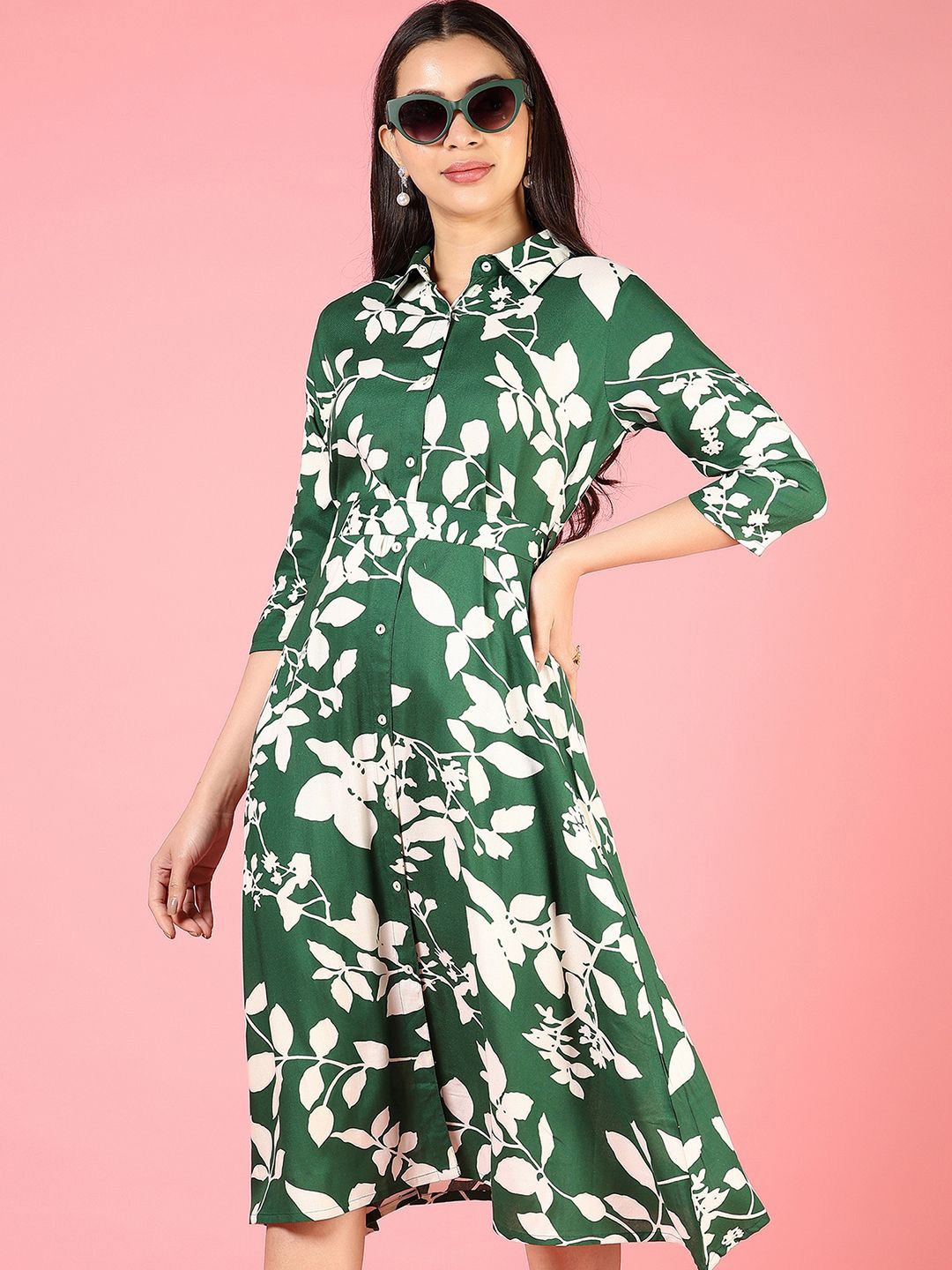 

V-Mart Floral Print Shirt Dress, Green