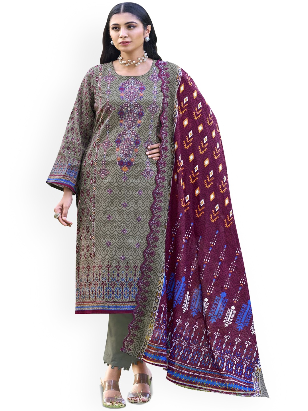 

DRAVINAM Trends Embroidered Pure Cotton Unstitched Dress Material, Grey