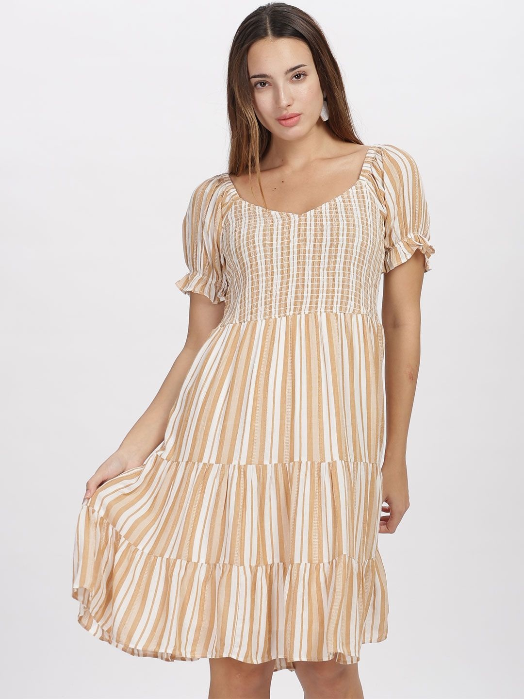 

B BLUBERYL - Comfort Inside Out Striped Flutter Sleeve Crepe Fit & Flare Dress, Beige