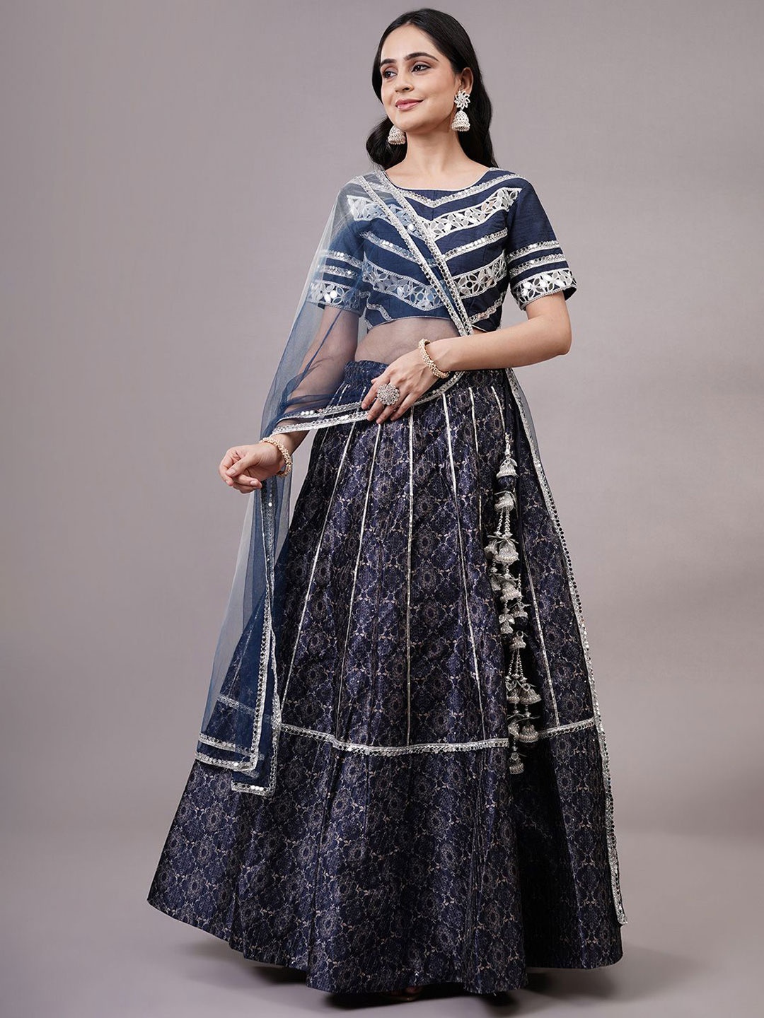 

Utsav Fashion Embroidered Mirror Work Shibori Ready to Wear Lehenga & Choli With Dupatta, Navy blue