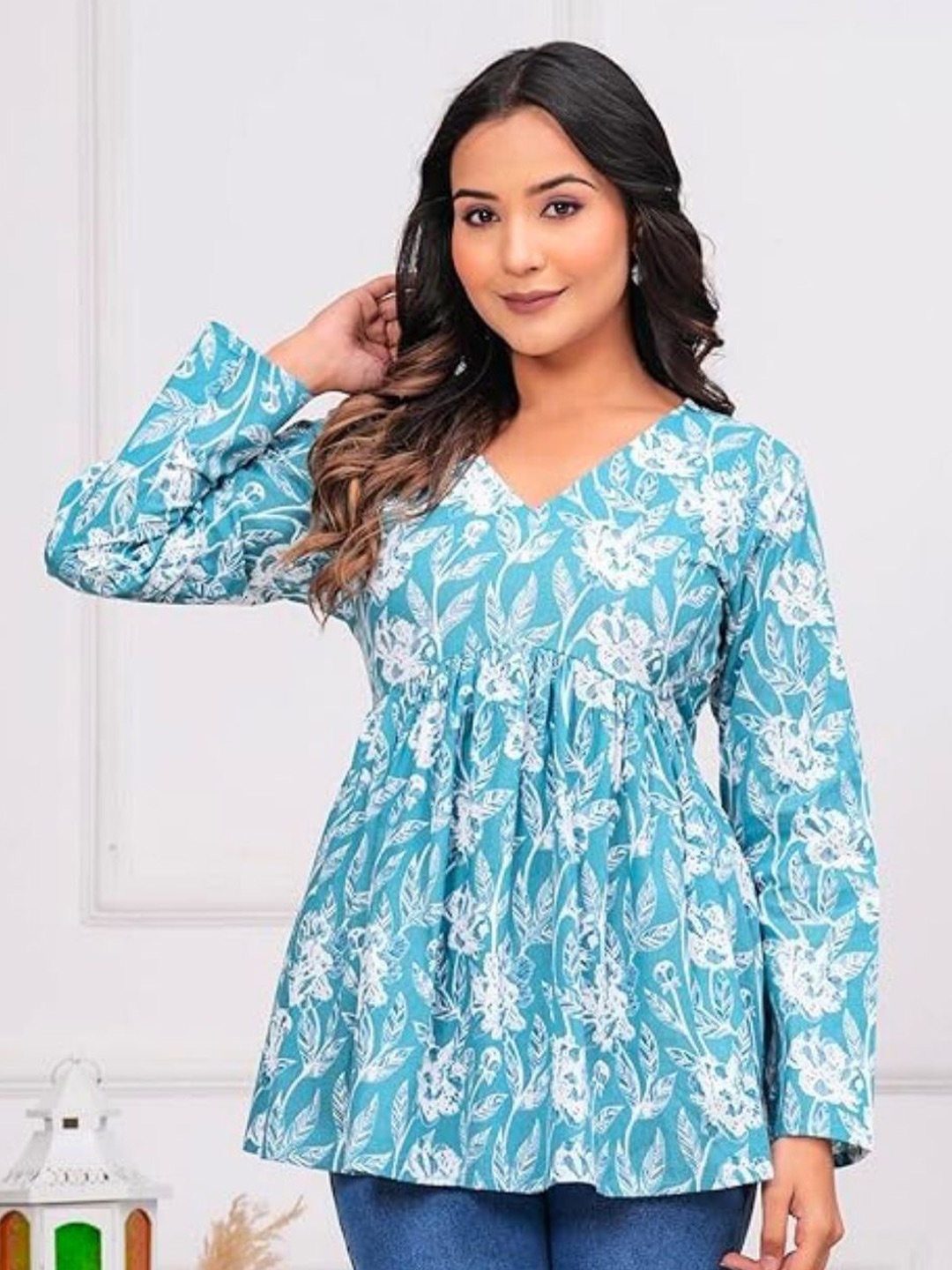 

Atha Fashion Floral Printed V-Neck Pure Cotton Empire Kurti, Blue