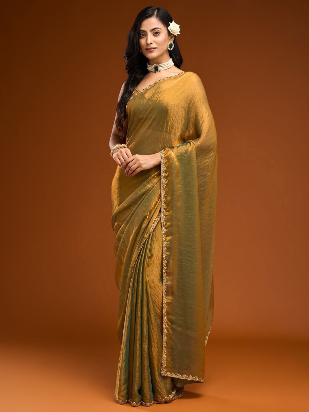 

SWADESI STUFF Beads and Stones Silk Blend Saree, Gold