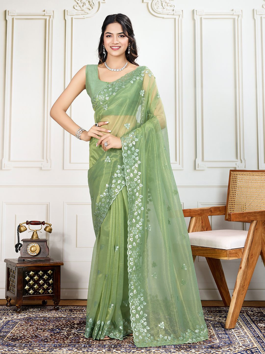 

House of Pataudi Embroidered Work Saree With Blouse Piece, Olive
