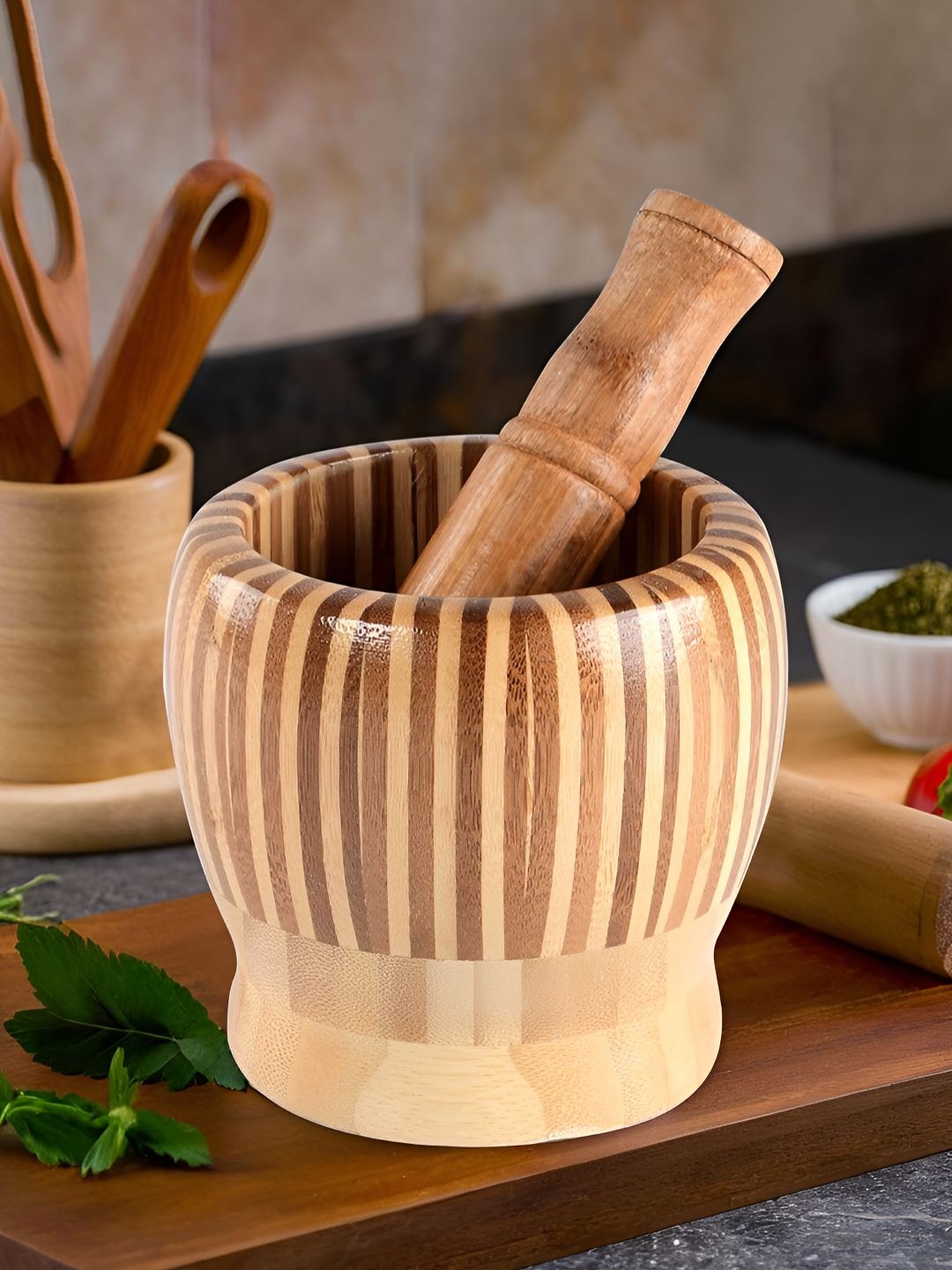 

Kuber Industries Brown Hamam Dasta Set for Kitchen Wood Mortar and Pestle