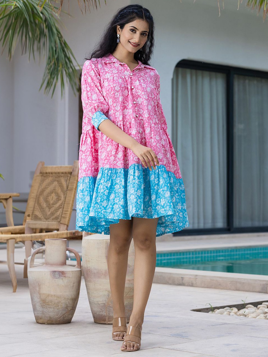 

BAESD Colourblocked Embroidered Puff Sleeve Fit & Flare Dress, Pink