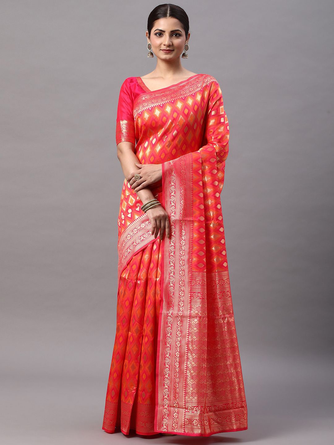 

KALINI Woven Design Zari Silk Blend Kanjeevaram Saree, Pink