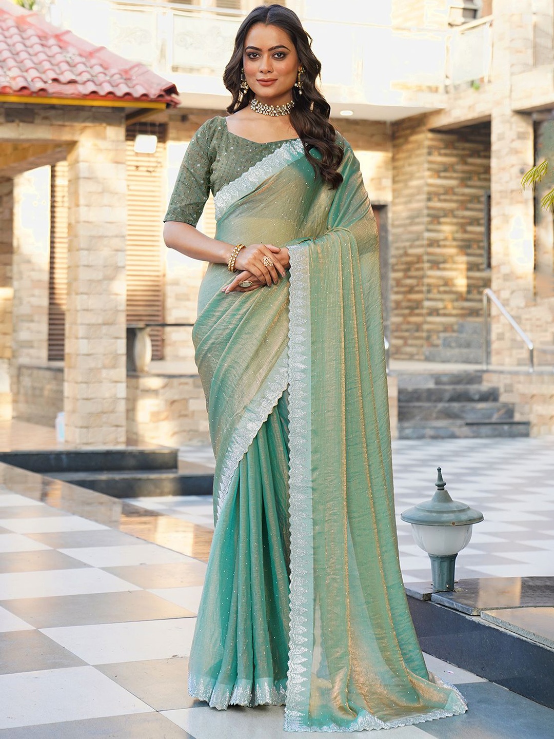 

NIRMAL CREATION Embellished Beads and Stones Pure Chiffon Saree, Green