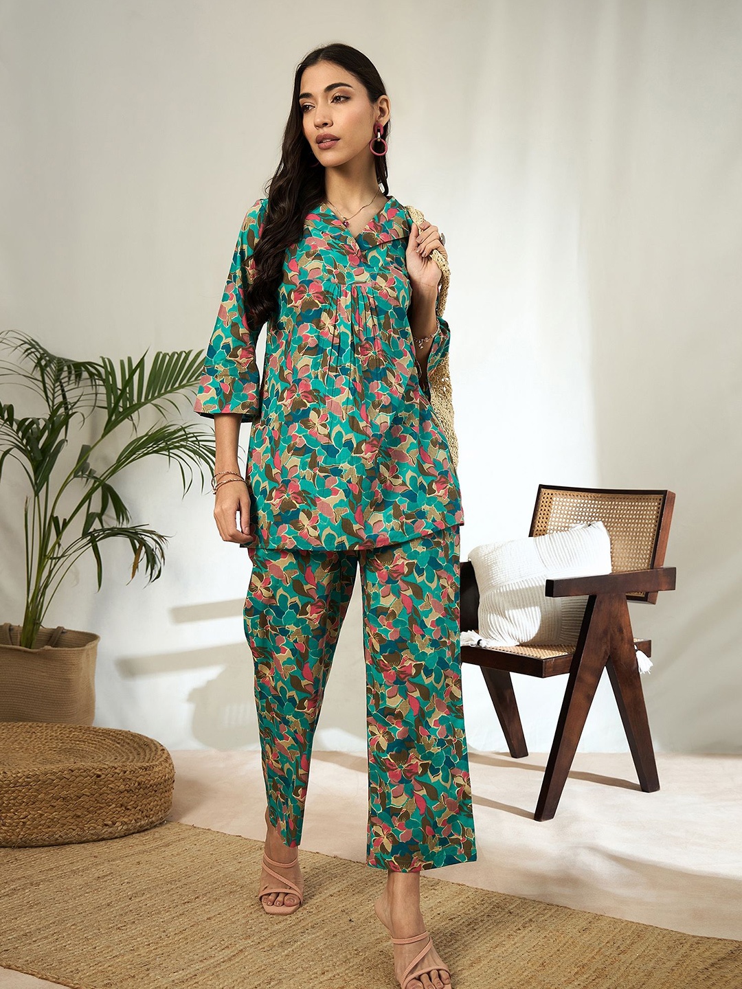 

BANDIA Printed Tunic with Trousers, Turquoise blue