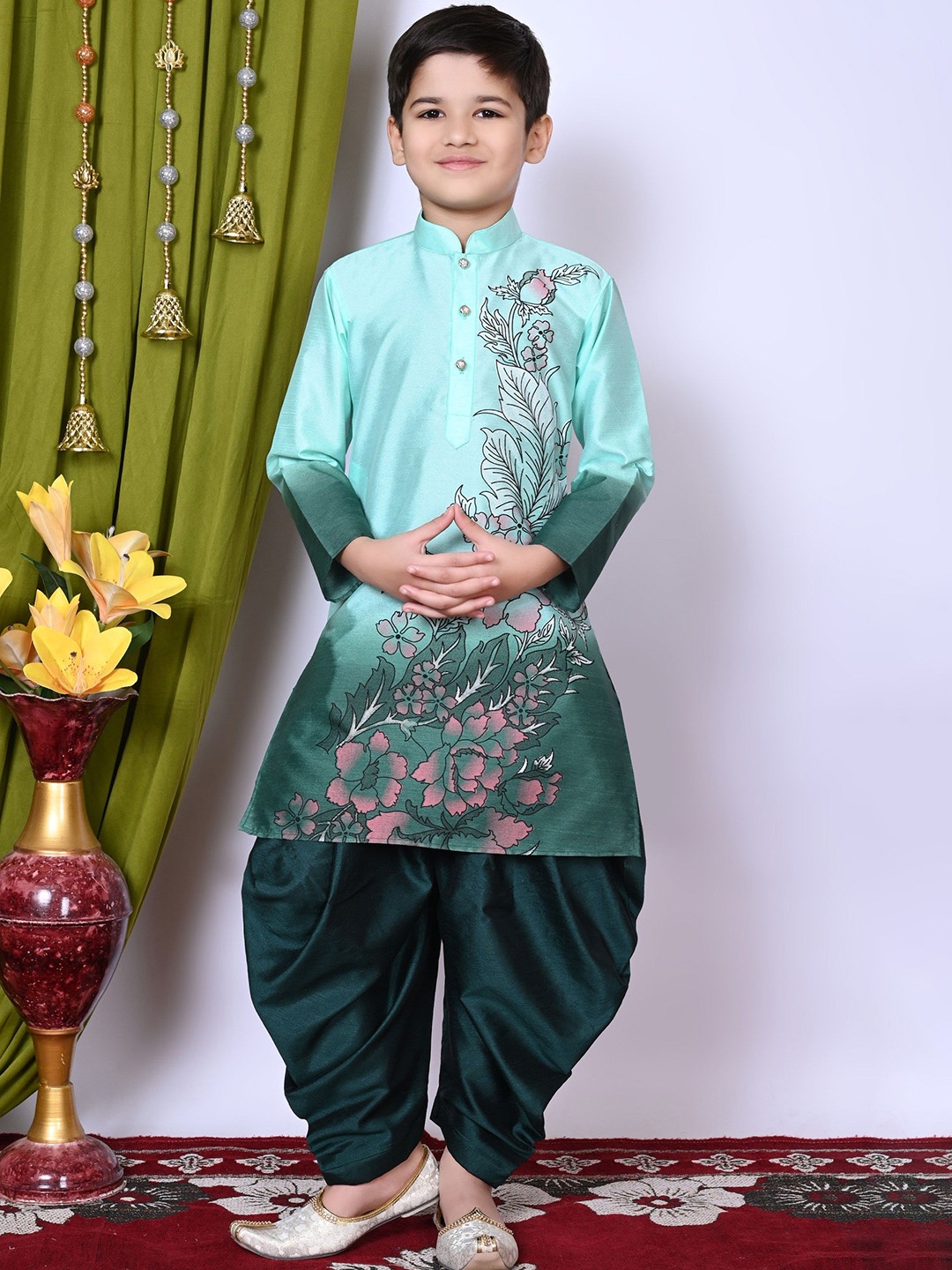 

Cae Boys Printed Regular Dupion Silk Kurta with Patiala, Sea green