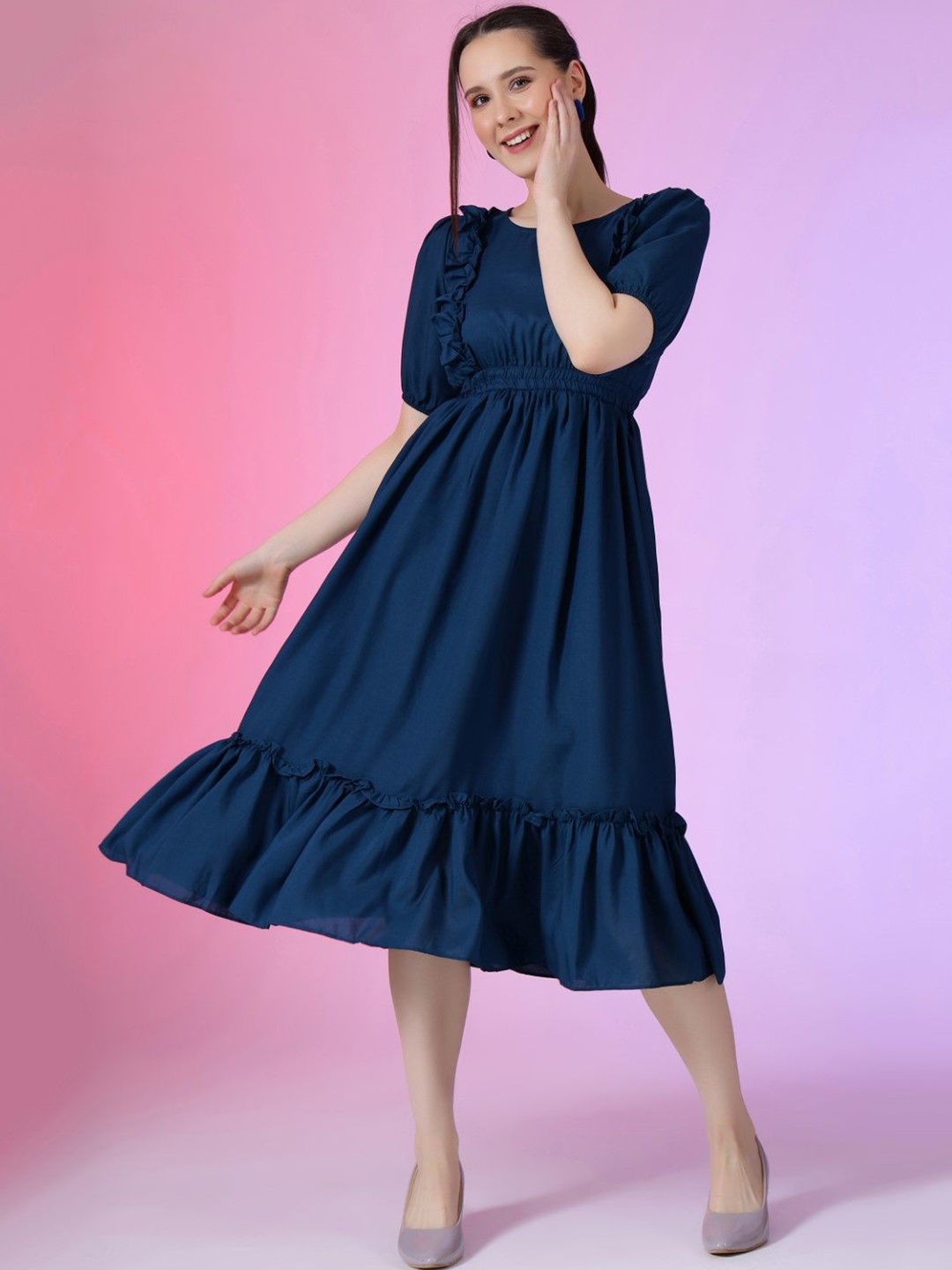 

Raiyani Fashion Puff Sleeve Applique Fit & Flare Dress, Blue