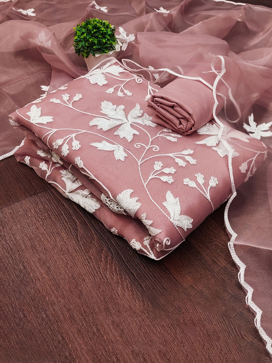 

SAINOOR Embroidered Organza Unstitched Dress Material, Pink