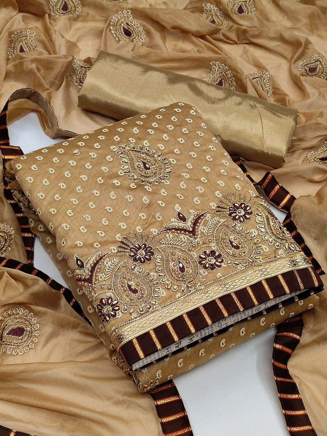 

SAINOOR Embroidered Pure Cotton Semi-Stitched Dress Material, Beige