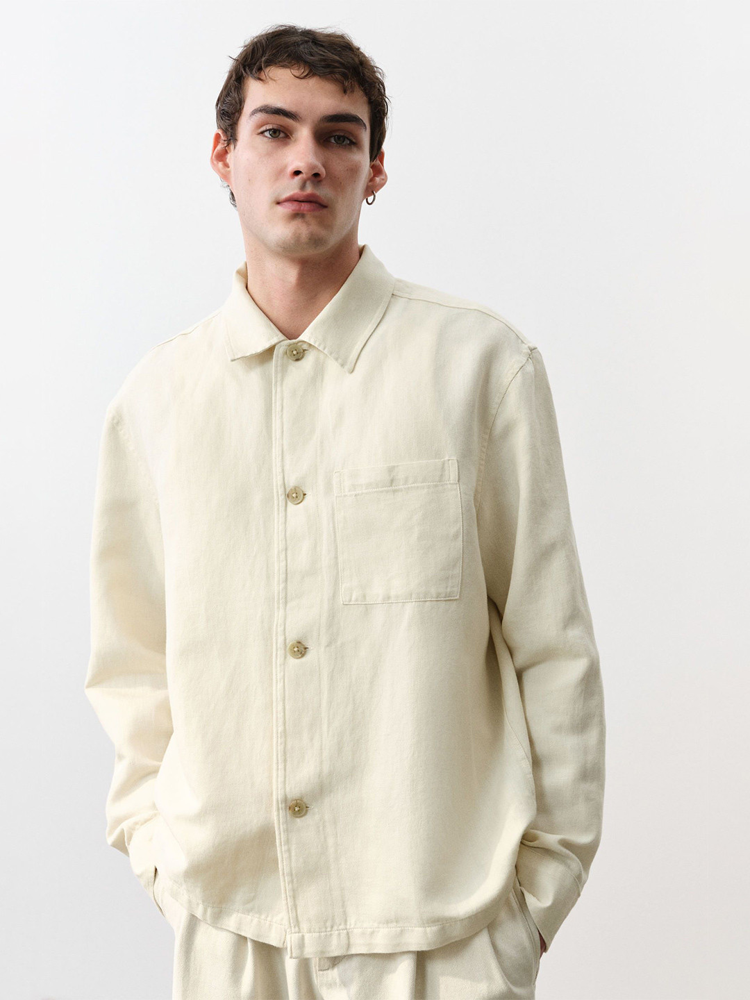 

H&M Regular Fit Linen-Blend Overshirt, White