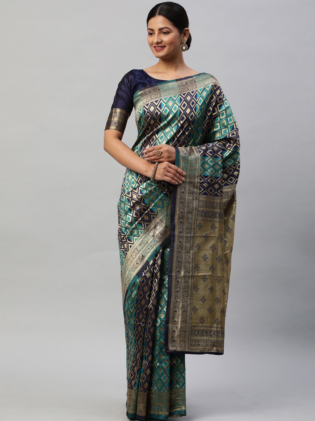 

KALINI Woven Design Zari Silk Blend Kanjeevaram Saree, Blue