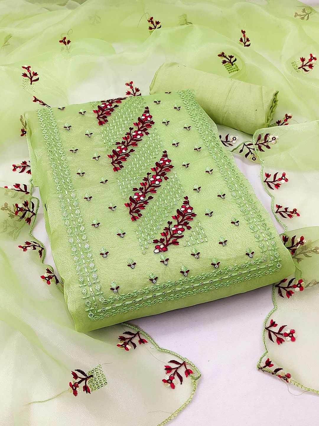 

SAINOOR Embroidered Organza Unstitched Dress Material, Green