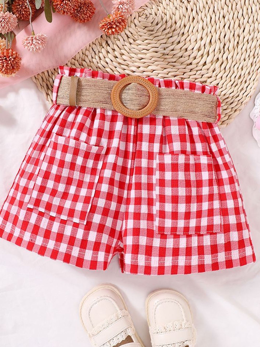 

LULU & SKY Girls Checked High-Rise Technology Shorts, Red