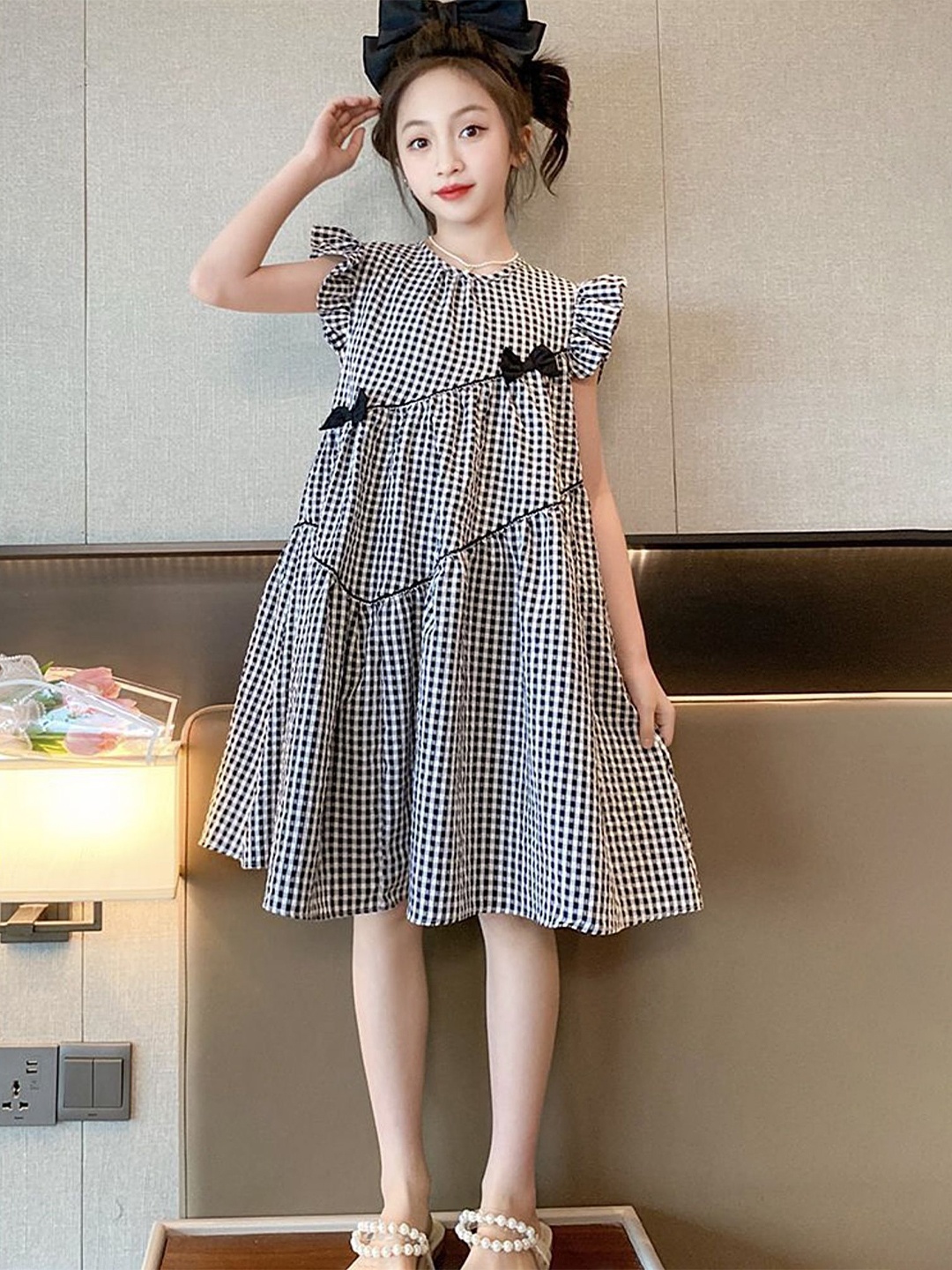 

LULU & SKY Checked Flutter Sleeve A-Line Dress, Black